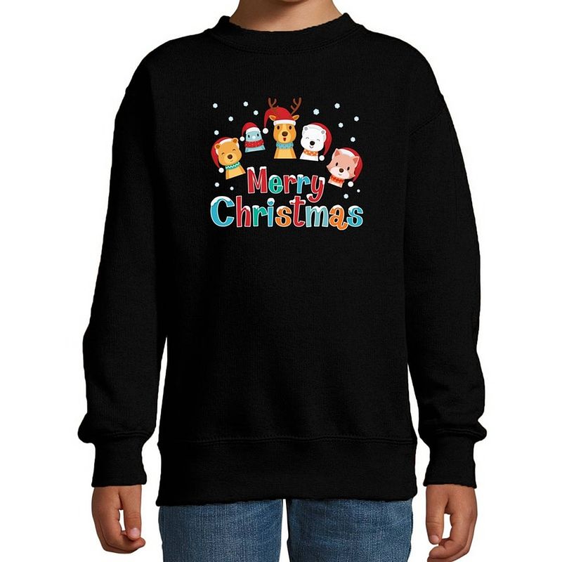 Foto van Zwarte kersttrui / kerstkleding dierenvriendjes merry christmas voor kinderen 3-4 jaar (98/104) - kerst truien kind