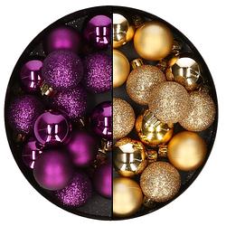 Foto van Kleine kerstballen - 28x st - goud en paars - 3 cm - kunststof - kerstbal