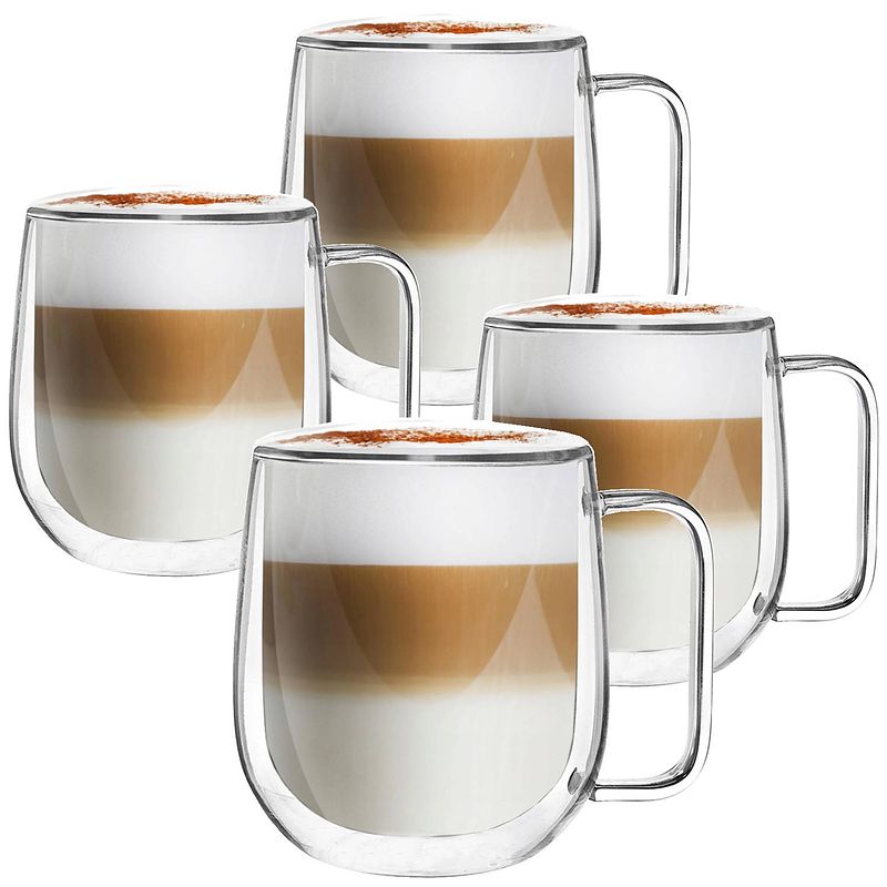 Foto van Luxe dubbelwandige theeglazen - cappuccinoglazen - koffieglas dubbelwandig - theeglas met oor- 300 ml - set van 4