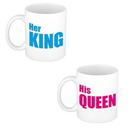 Foto van His queen and her king cadeau mok / beker wit met roze en blauwe letters 300 ml - feest mokken