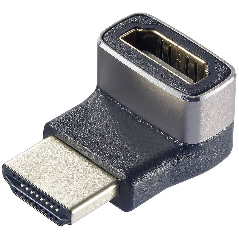 Foto van Speaka professional sp-11302012 hdmi adapter [1x hdmi-stekker - 1x hdmi-bus] zwart, zilver uhd 8k @ 60 hz, uhd 4k @ 120 hz 90° haaks naar boven