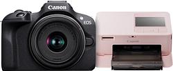 Foto van Canon eos r100 + 18-45mm f/4.5-6.3 + selphy cp1500 roze
