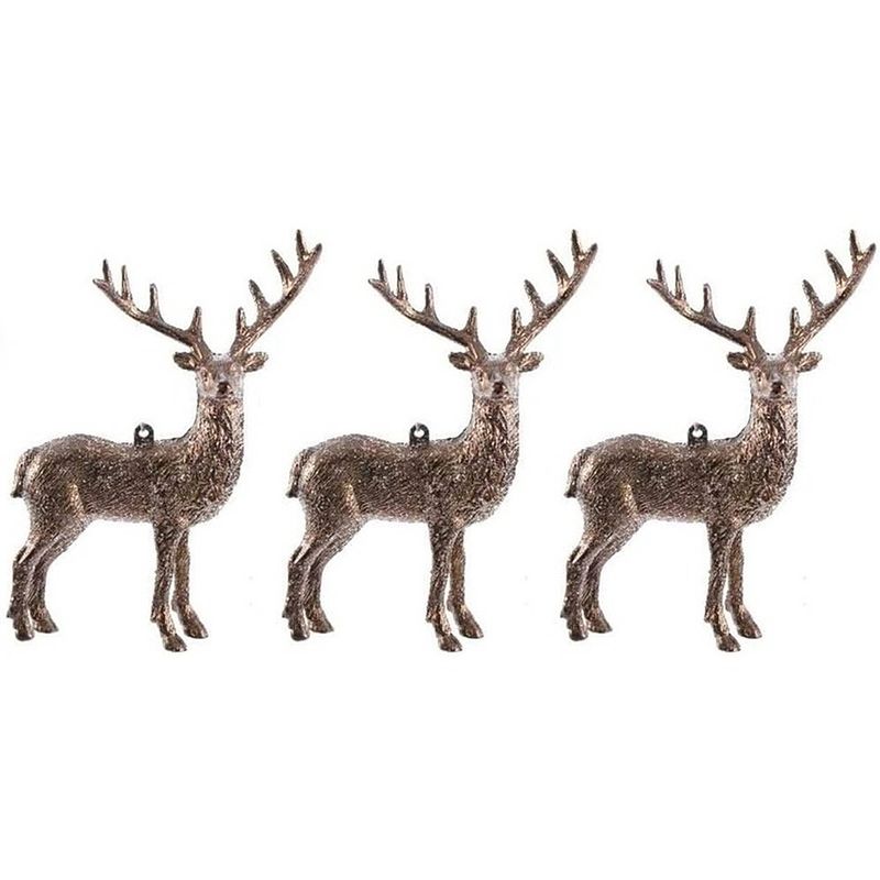 Foto van 3x kersthangers figuurtjes hertje met glitters koperbruin 14 cm - herten dieren thema kerstboomhangers