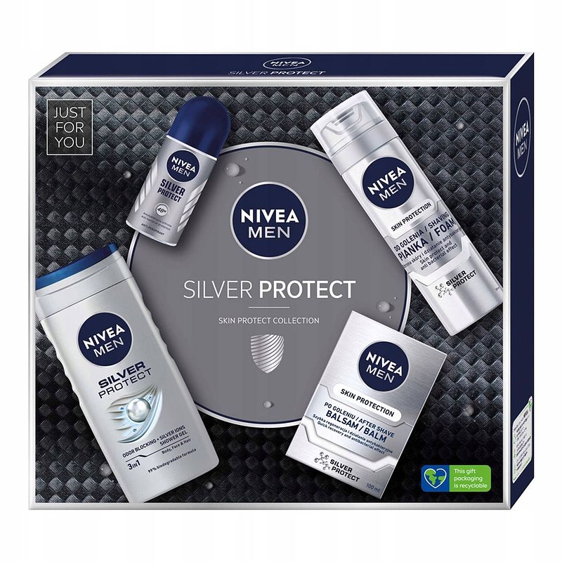 Foto van Men silver protect scheerschuim set 200ml + douchegel 250ml + aftershave balsem 100ml + antitranspirant roll-on 50ml