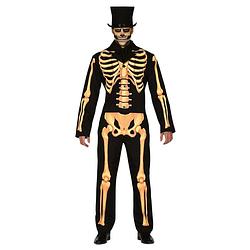 Foto van Halloween zwart/oranje skelet verkleed kostuum voor heren l (52-54) - carnavalskostuums