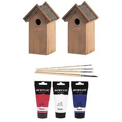 Foto van 2x houten vogelhuisje/nestkastje 22 cm - rood/wit/blauw dhz schilderen pakket - vogelhuisjes