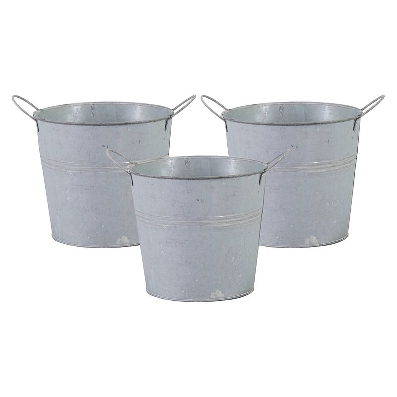 Foto van Mega collections emmer/plantenpot - 3x - zink - lichtgrijs - d16 x h14 cm - emmers