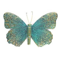 Foto van 1x tuindecoratie vlinder van metaal turquoise/goud 31 cm - tuinbeelden