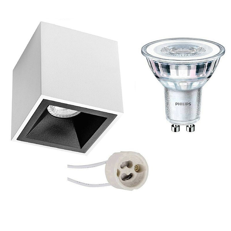 Foto van Opbouwspot set - pragmi cliron pro - gu10 fitting - opbouw vierkant - mat wit/zwart - verdiept - 90mm - philips -