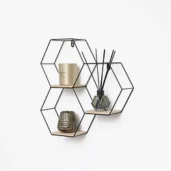 Foto van Driedubbel zeshoekig metalen wandrek met 3 houten plankjes - 40,5x41 cm - zwart