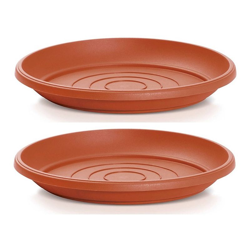 Foto van Opvangschaal/onderschaal bloempot/plantenpot - 2x - terracotta - rond - dia 21 cm - plantenpotten