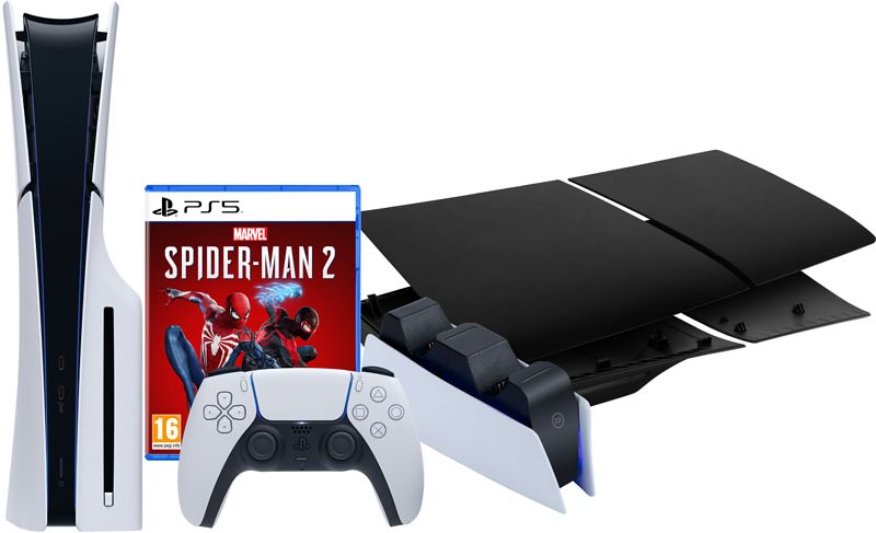 Foto van Playstation 5 slim disc edition + spider-man 2 +  covers zwart + oplaadstation