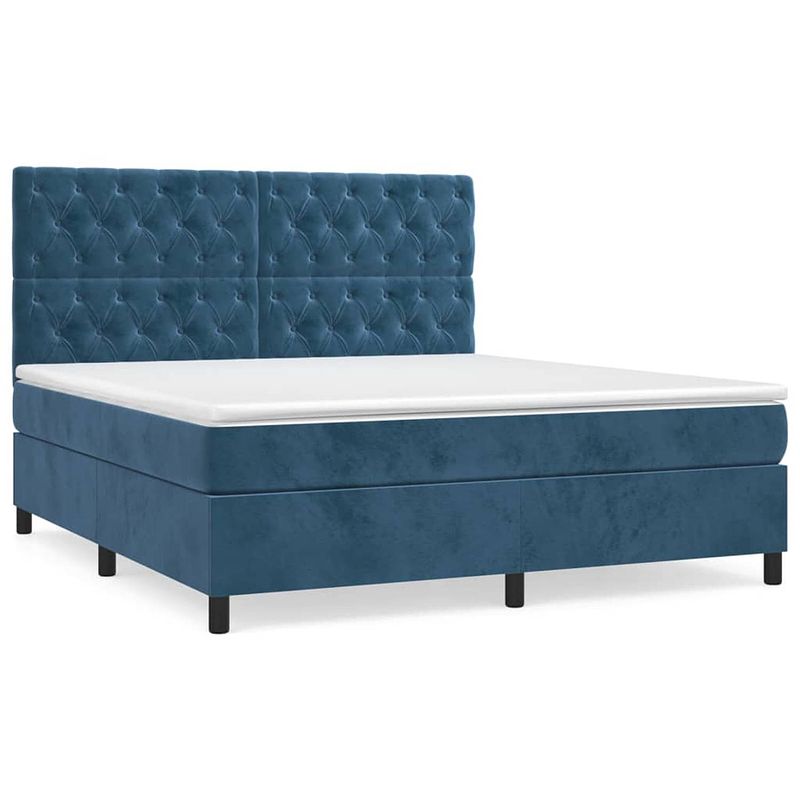 Foto van The living store boxspringbed donkerblauw 203 x 160 x 118/128 cm - fluweel - hoofdbord - pocketvering - middelharde