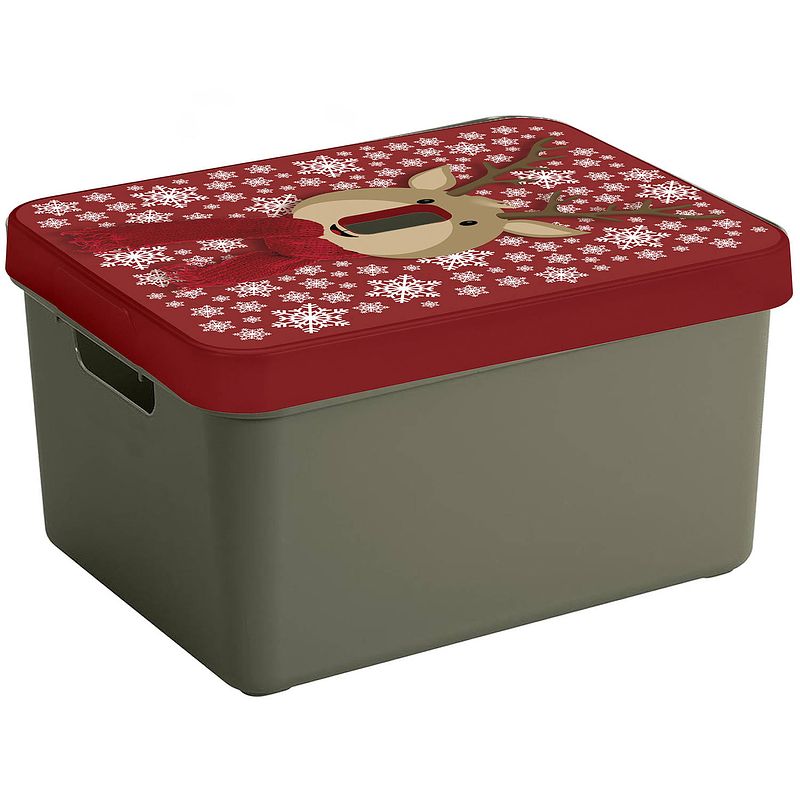 Foto van Kerstballen/kerstversiering opruim opbergbox met rendieren print deksel - kerstballen opbergboxen