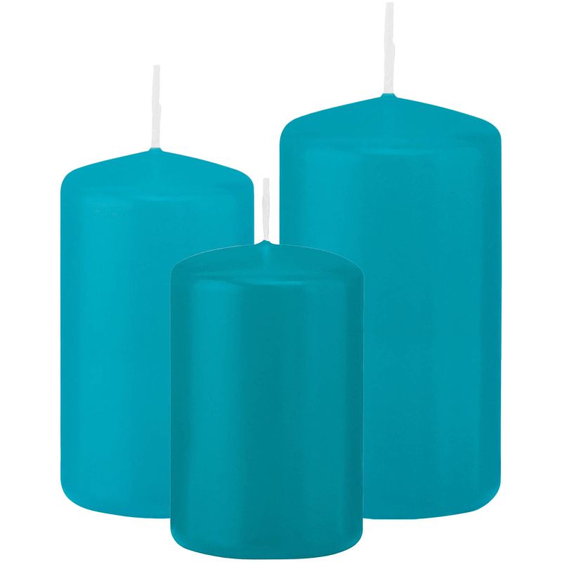 Foto van Stompkaarsen set van 6x stuks turquoise blauw 8-10-12 cm - stompkaarsen