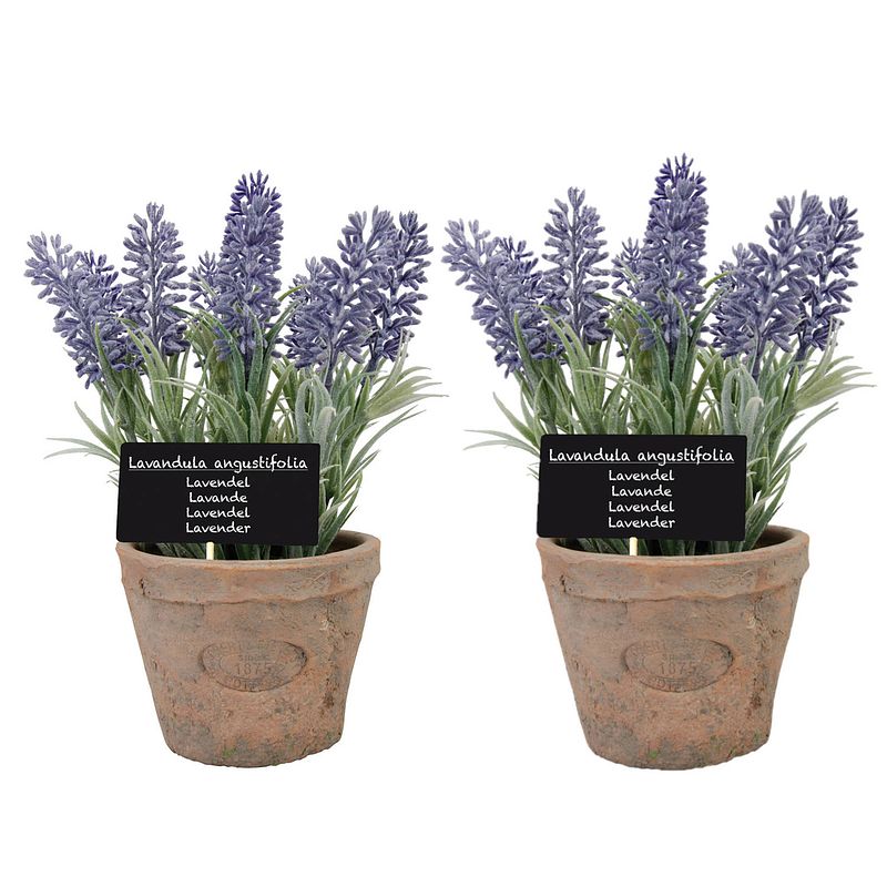 Foto van 2x stuks kunstplanten lavendel in terracotta pot 23 cm - kunstplanten/nepplanten