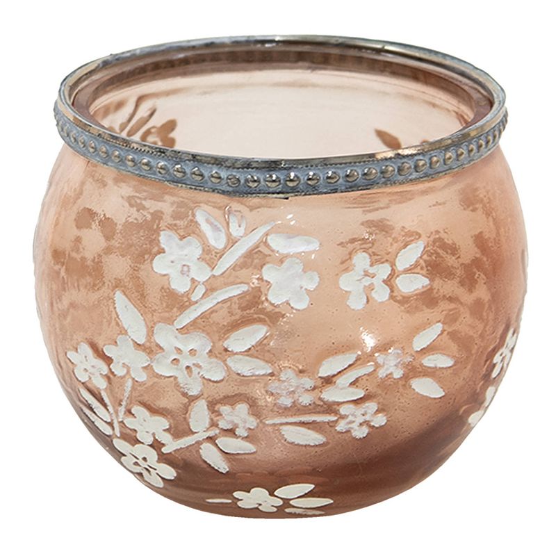 Foto van Clayre & eef glazen theelichthouder ø 10*8 cm bruin, wit glas, metaal rond bloemen waxinelichthouder windlichthouder