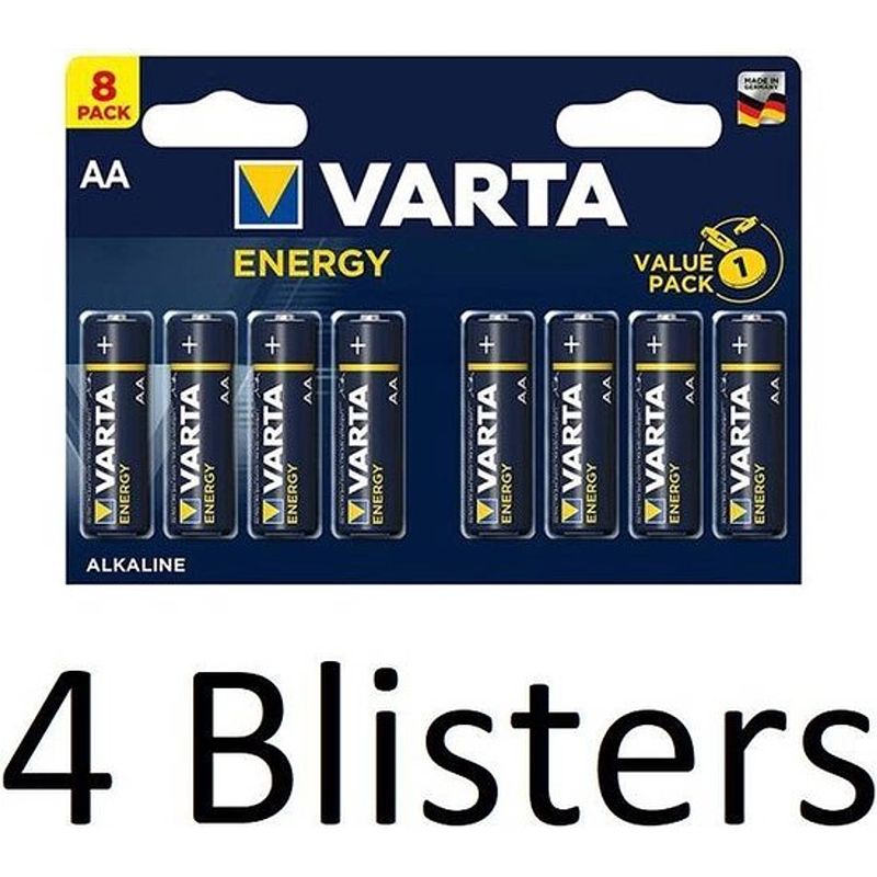 Foto van 32 stuks (4 blisters a 8 st) varta energy aa alkaline batterijen