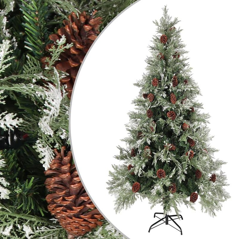 Foto van Vidaxl kerstboom met dennenappels 225 cm pvc en pe groen en wit