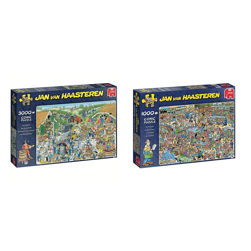 Foto van Jan van haasteren - puzzelset - de wijnmakerij 3000 stukjes & drogisterij 1000 stukjes