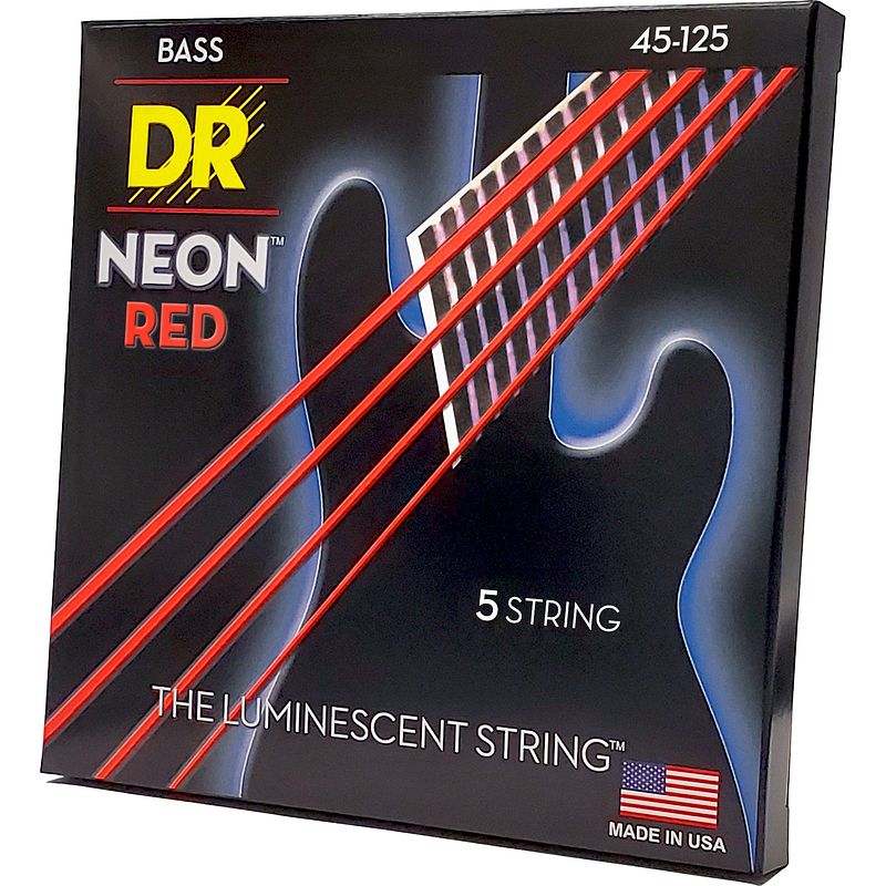 Foto van Dr strings nrb5-45 hi-def neon red 45-125 set 5 snaren voor elektrische basgitaar