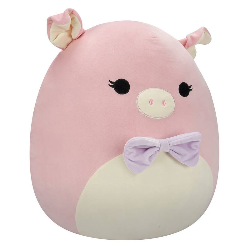 Foto van Squishmallows knuffel hettie het roze varken met paarse strik - 60 cm