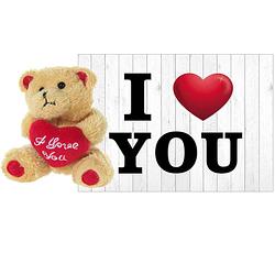 Foto van Pluche knuffel valentijn i love you beertje 10 cm met hartjes wenskaart - knuffelberen