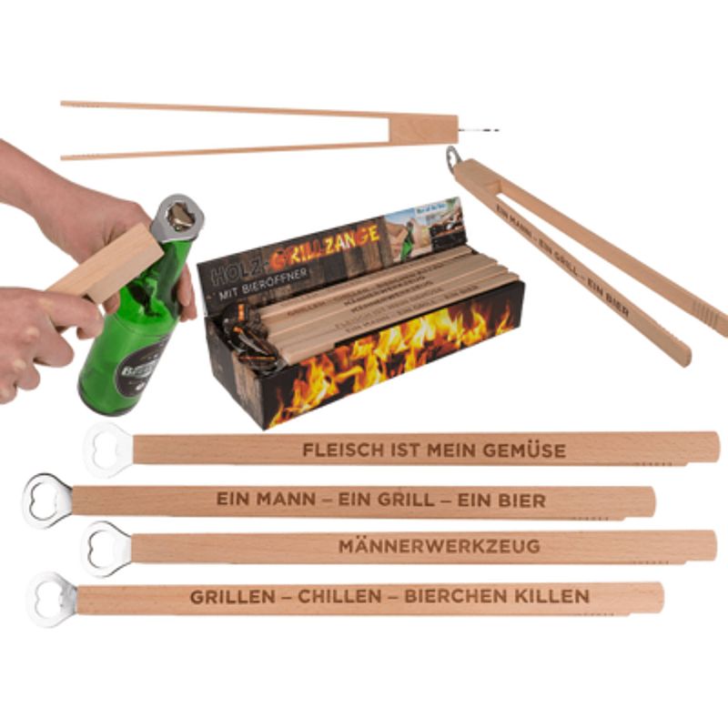 Foto van Houten bbq tang met bieropener - bbq gadget - wooden bbq tongs with bottle opener - original