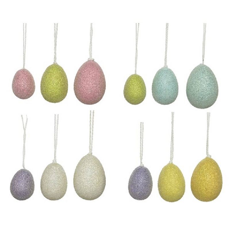 Foto van 12x gekleurde glitter plastic/kunststof eieren/paaseieren 4-6 cm - feestdecoratievoorwerp