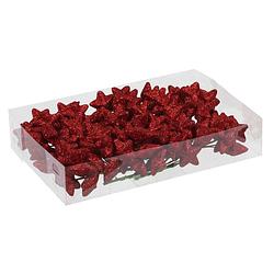Foto van 18x bundeltjes van 8x rode glitter mini sterretjes stekers/instekers 4 cm - kerststukjes