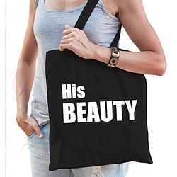 Foto van His beauty tas / shopper zwart katoen met witte tekst voor dames - feest boodschappentassen