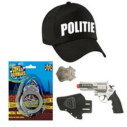 Foto van Politie verkleed cap/pet zwart met pistool/holster/badge voor kinderen - verkleedhoofddeksels
