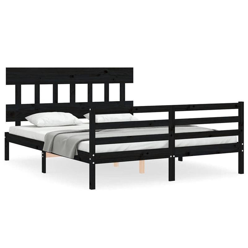 Foto van The living store grenenhouten bedframe - zwart - 205.5 x 165.5 x 81 cm - multiplex lattenbodem