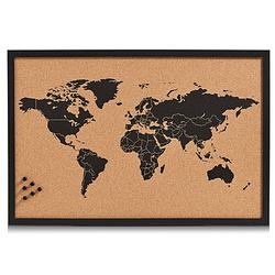 Foto van Zeller prikbord wereldkaart - zwart - 60 x 40 cm - kurk/hout - prikborden