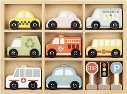 Foto van Tooky toy transportation & street sign houten voertuigen 12 delig