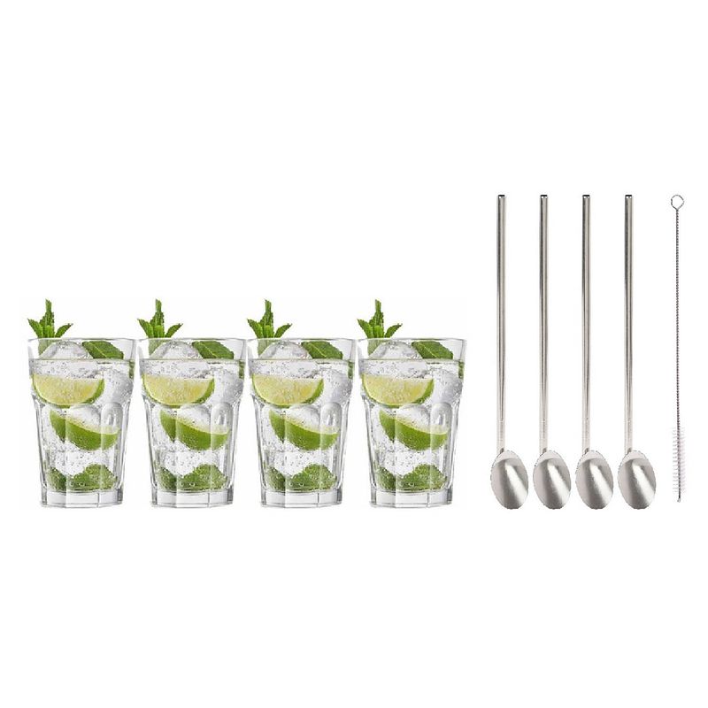 Foto van 4x cocktailglazen / mojito glazen transparant 410 ml met rvs lepel rietjes - cocktailglazen