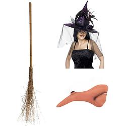 Foto van Smiffys heksen verkleed set voor dames heksenhoed - haakneus - heksenbezem van 110 cm - verkleedhoofddeksels