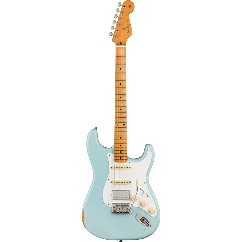 Foto van Fender fsr vintera road worn 's50s stratocaster hss mn sonic blue limited edition elektrische gitaar met gigbag