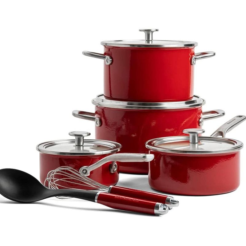 Foto van Kitchenaid pannenset rood met garde en sauslepel, 6-delig