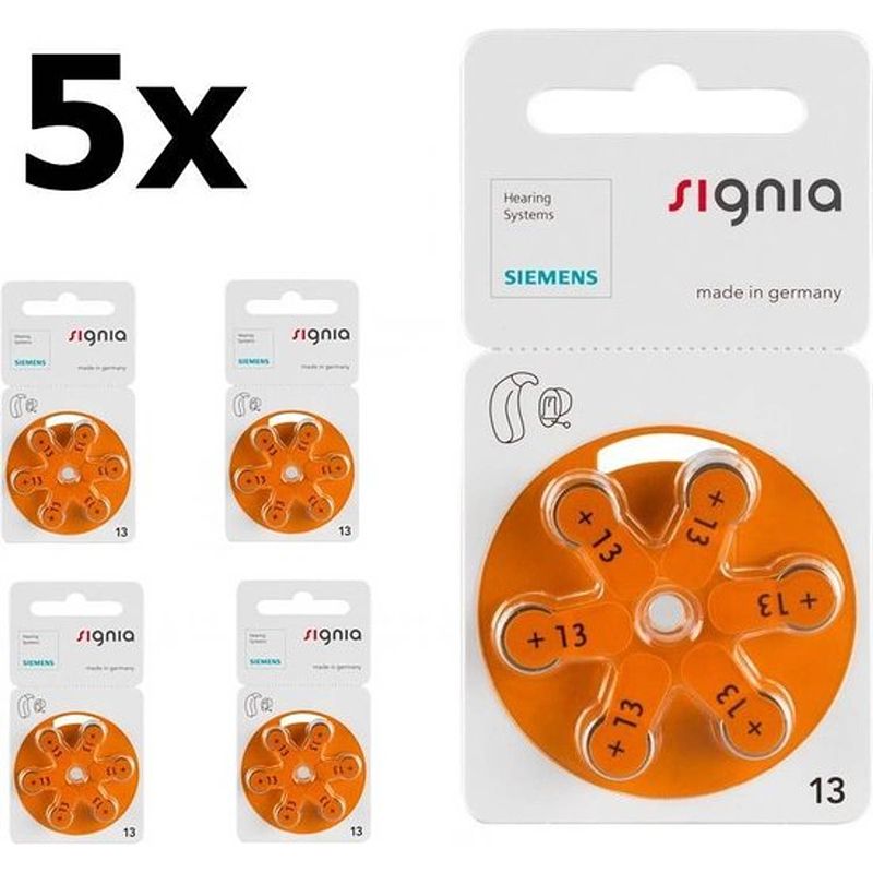 Foto van 30 stuks (5 blister a 6st) siemens signia 13mf hg 0% gehoorapparaat batterijen 1.45v