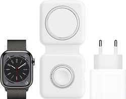 Foto van Apple watch series 8 4g 45mm grafiet rvs midnight sportband + magsafe oplaadpakket