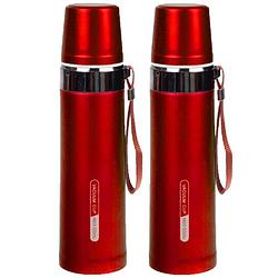 Foto van 2x stuks thermosfles / isoleerfles rvs met bandje voor onderweg 750 ml rood - thermosflessen