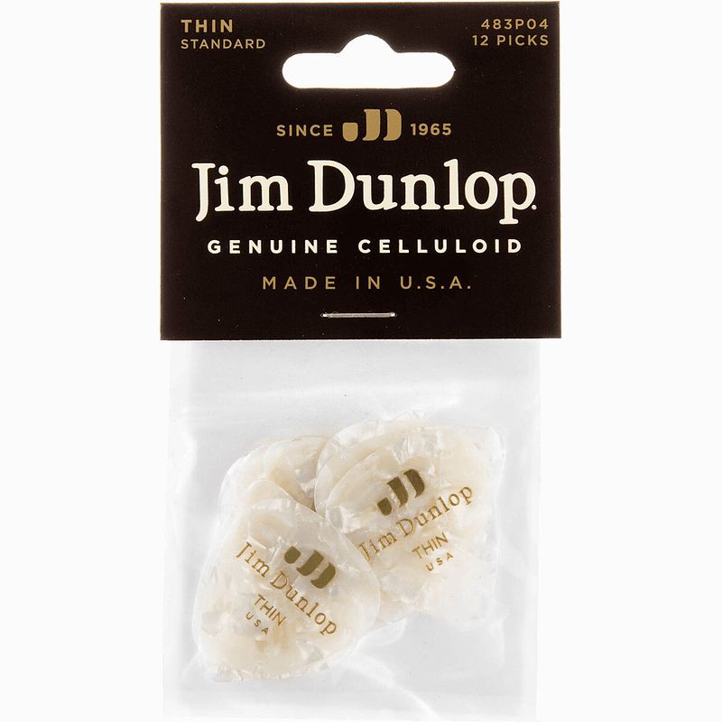 Foto van Dunlop 483p04th celluloid shell pick perloid wit thin plectrum set 12 stuks
