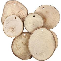 Foto van 75x houten boomschijfjes met gaatje - houten knutselstokjes