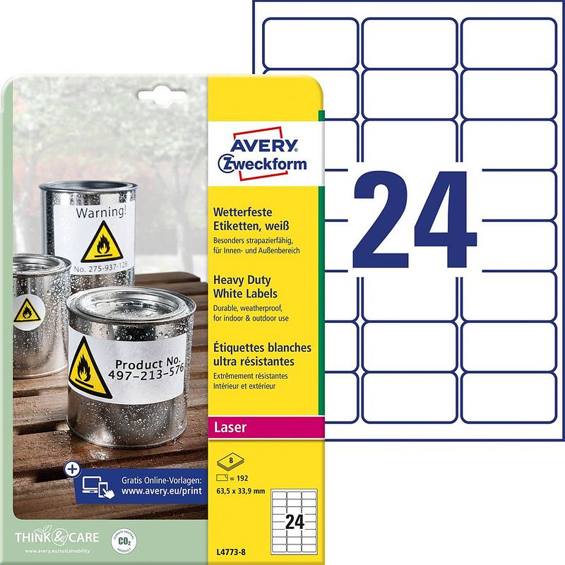 Foto van Avery-zweckform l4773-8 etiketten 63.5 x 33.9 mm polyester folie wit 192 stuk(s) permanent universele etiketten, weerbestendige etiketten laser, kopie