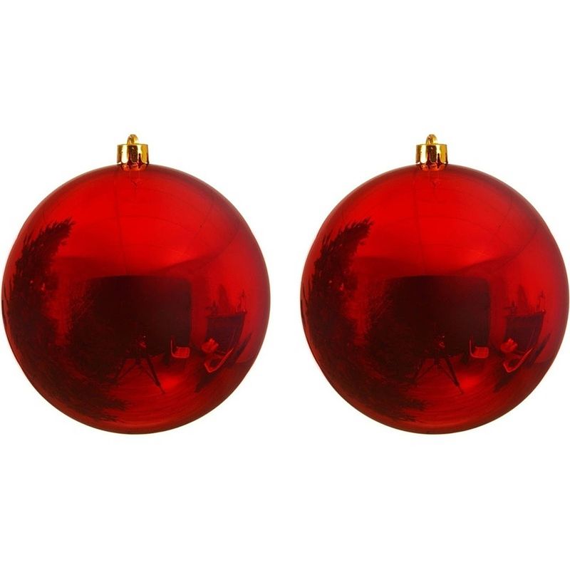 Foto van 2x grote raam/deur/kerstboom decoratie rode kerstballen 14 cm glans - kerstbal