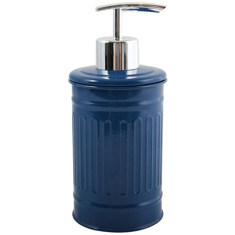 Foto van Msv zeeppompje/dispenser - industrial - metaal - marine blauw - 7.5 x 17 cm - 250 ml - zeeppompjes