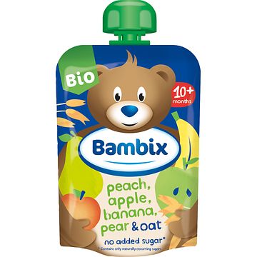 Foto van Bambix knijpzakje appel, perzik, banaan, peer & haver bio 10m+ 100g bij jumbo