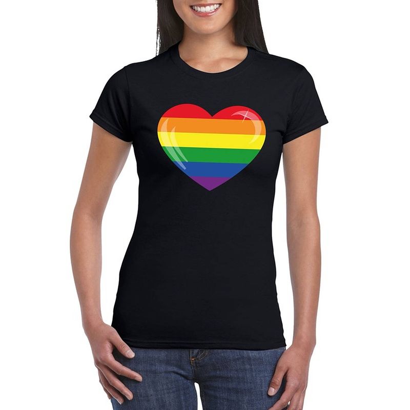 Foto van Gay pride t-shirt regenboog vlag in hart zwart dames 2xl - feestshirts