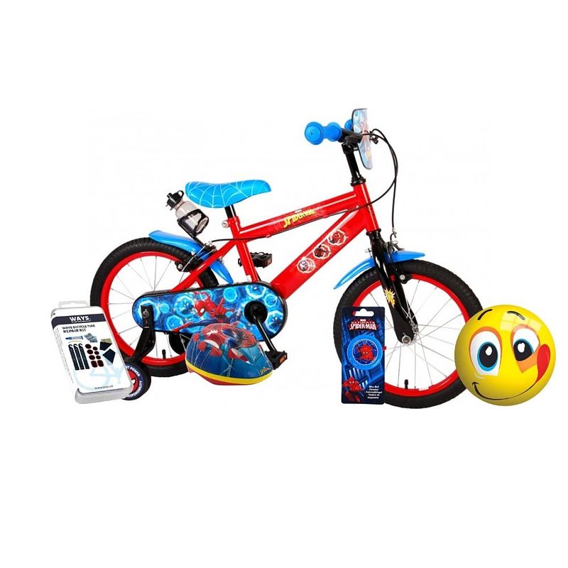 Foto van Volare kinderfiets spider-man - 16 inch - twee handremmen - blauw/rood - inclusief fietshelm en accessoires